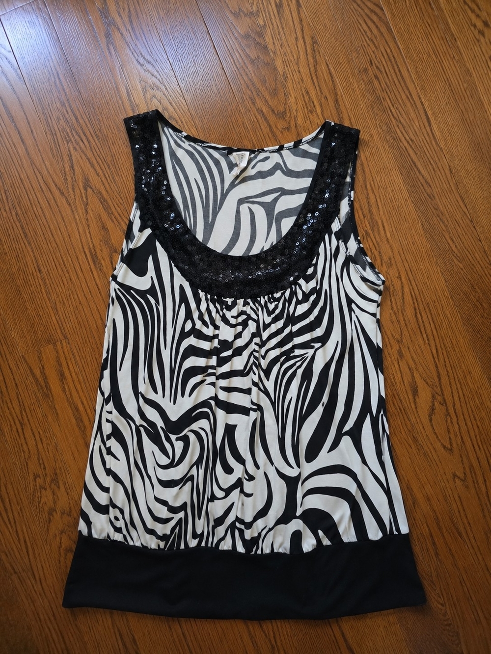 Black & White Zebra Print Sequin Scoop Neck Tank Top